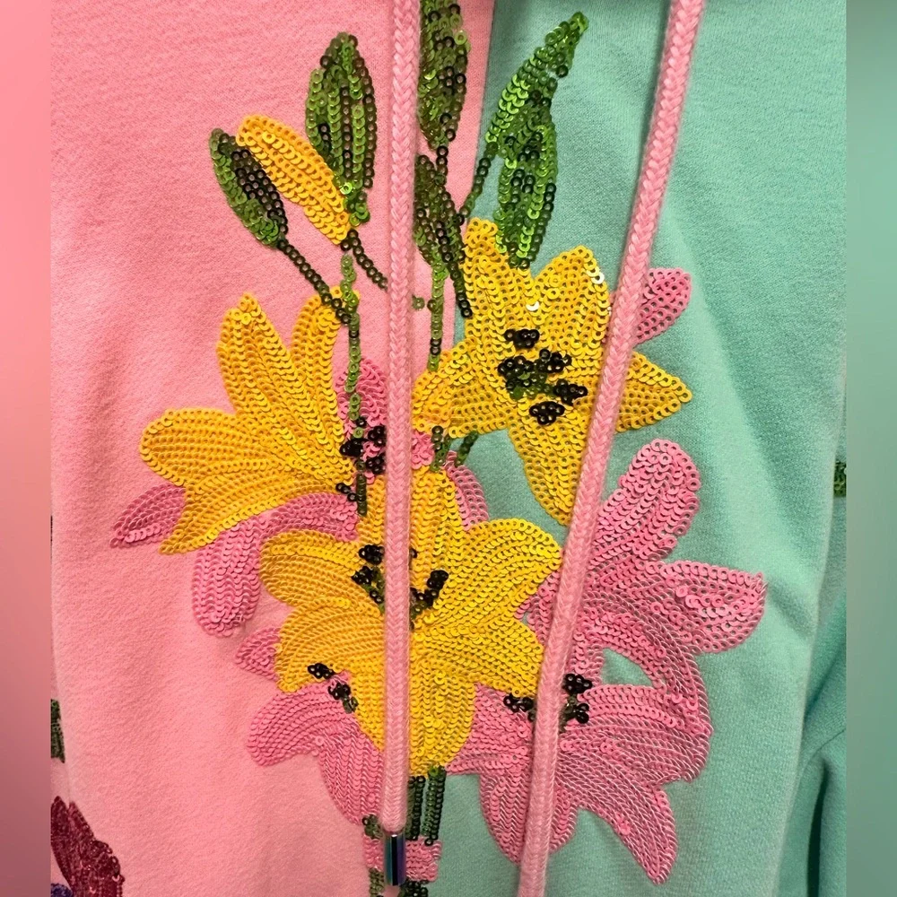 QOS Floral Embroidered Hoodie - Pink & Mint Color-block - Picture 3 of 5